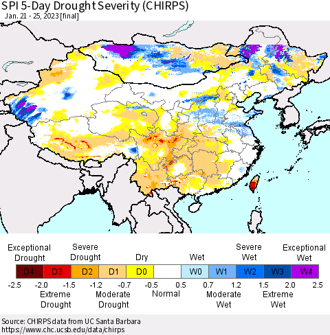 China, Mongolia and Taiwan SPI 5-Day Drought Severity (CHIRPS) Thematic Map For 1/21/2023 - 1/25/2023