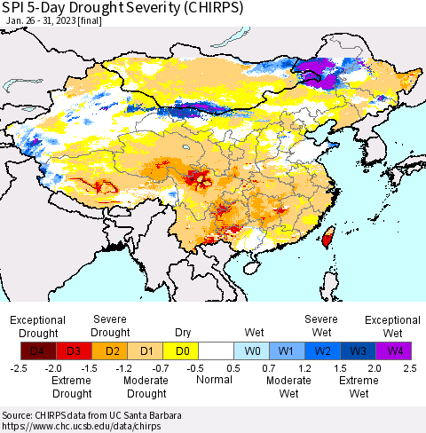 China, Mongolia and Taiwan SPI 5-Day Drought Severity (CHIRPS) Thematic Map For 1/26/2023 - 1/31/2023