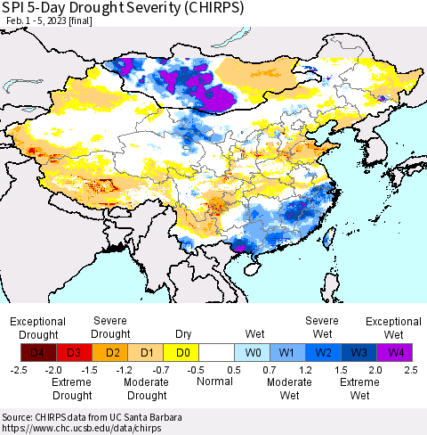 China, Mongolia and Taiwan SPI 5-Day Drought Severity (CHIRPS) Thematic Map For 2/1/2023 - 2/5/2023