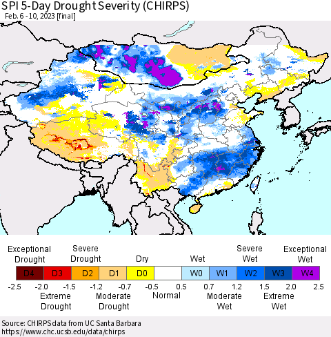 China, Mongolia and Taiwan SPI 5-Day Drought Severity (CHIRPS) Thematic Map For 2/6/2023 - 2/10/2023