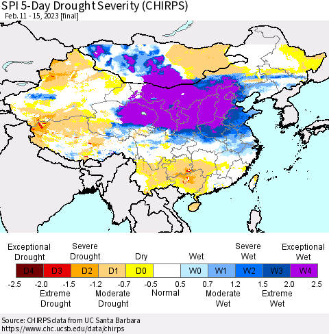 China, Mongolia and Taiwan SPI 5-Day Drought Severity (CHIRPS) Thematic Map For 2/11/2023 - 2/15/2023