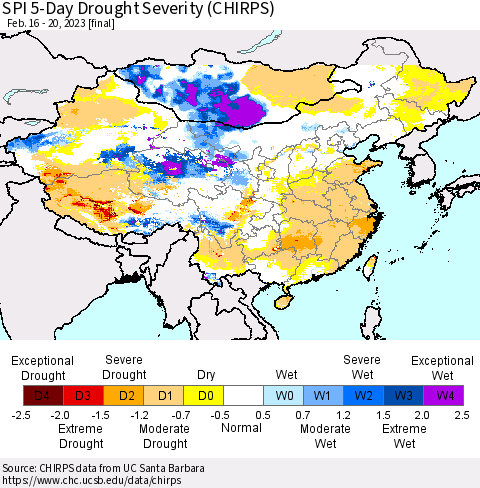 China, Mongolia and Taiwan SPI 5-Day Drought Severity (CHIRPS) Thematic Map For 2/16/2023 - 2/20/2023