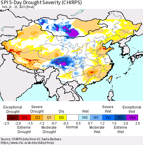 China, Mongolia and Taiwan SPI 5-Day Drought Severity (CHIRPS) Thematic Map For 2/21/2023 - 2/25/2023
