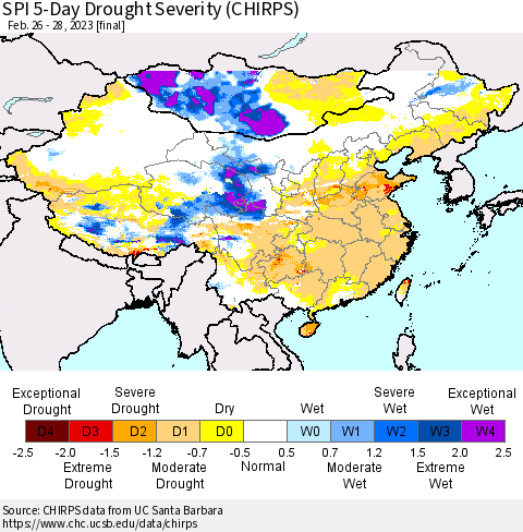 China, Mongolia and Taiwan SPI 5-Day Drought Severity (CHIRPS) Thematic Map For 2/26/2023 - 2/28/2023