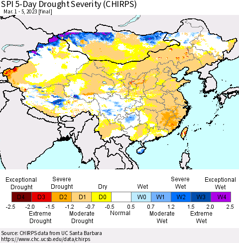 China, Mongolia and Taiwan SPI 5-Day Drought Severity (CHIRPS) Thematic Map For 3/1/2023 - 3/5/2023
