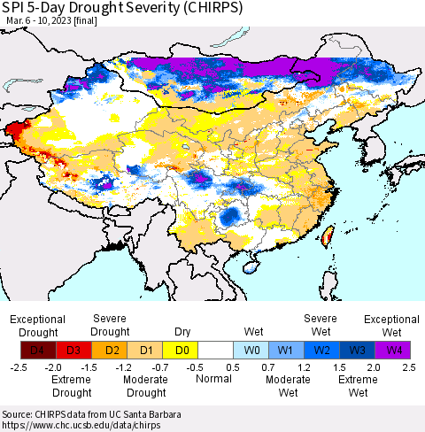 China, Mongolia and Taiwan SPI 5-Day Drought Severity (CHIRPS) Thematic Map For 3/6/2023 - 3/10/2023