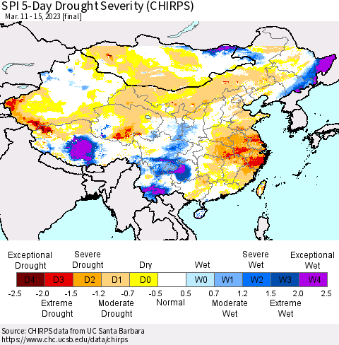 China, Mongolia and Taiwan SPI 5-Day Drought Severity (CHIRPS) Thematic Map For 3/11/2023 - 3/15/2023