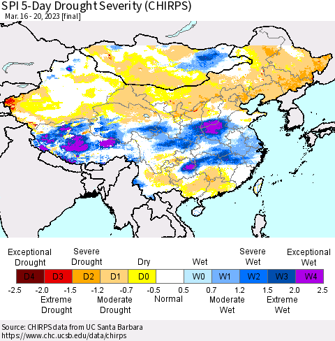 China, Mongolia and Taiwan SPI 5-Day Drought Severity (CHIRPS) Thematic Map For 3/16/2023 - 3/20/2023