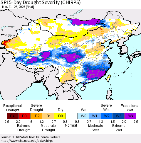 China, Mongolia and Taiwan SPI 5-Day Drought Severity (CHIRPS) Thematic Map For 3/21/2023 - 3/25/2023