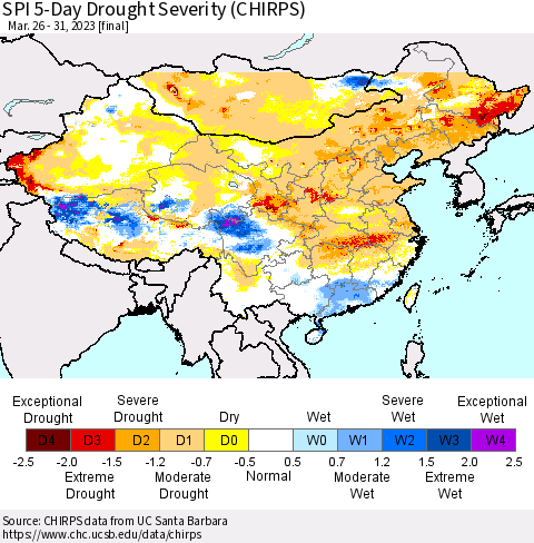 China, Mongolia and Taiwan SPI 5-Day Drought Severity (CHIRPS) Thematic Map For 3/26/2023 - 3/31/2023