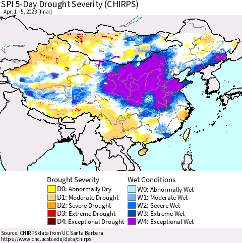 China, Mongolia and Taiwan SPI 5-Day Drought Severity (CHIRPS) Thematic Map For 4/1/2023 - 4/5/2023
