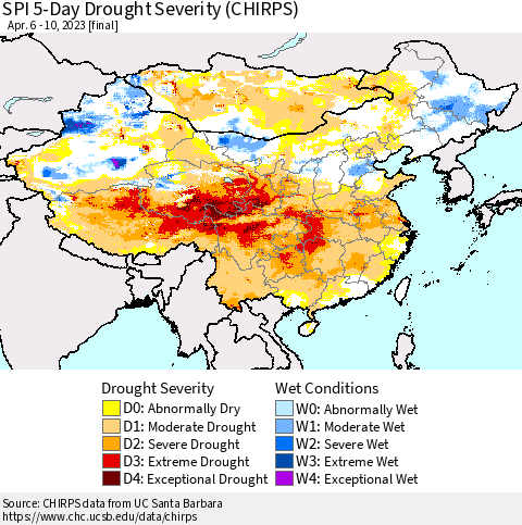 China, Mongolia and Taiwan SPI 5-Day Drought Severity (CHIRPS) Thematic Map For 4/6/2023 - 4/10/2023