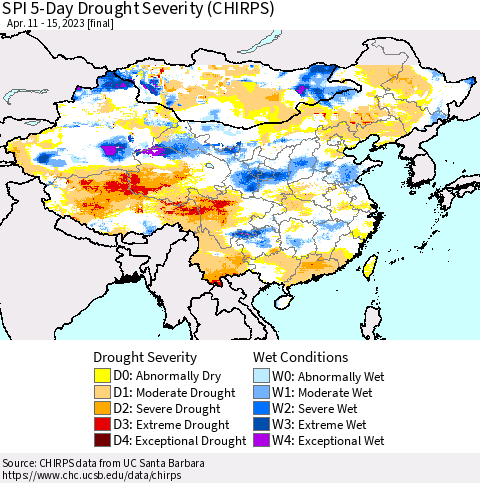 China, Mongolia and Taiwan SPI 5-Day Drought Severity (CHIRPS) Thematic Map For 4/11/2023 - 4/15/2023