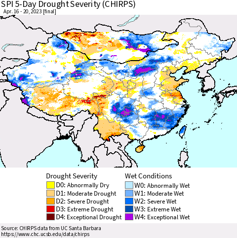 China, Mongolia and Taiwan SPI 5-Day Drought Severity (CHIRPS) Thematic Map For 4/16/2023 - 4/20/2023