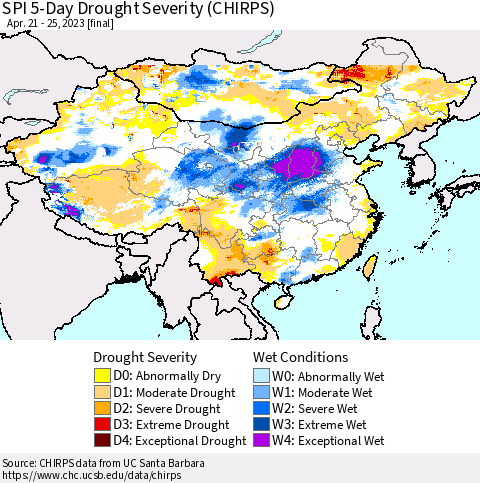 China, Mongolia and Taiwan SPI 5-Day Drought Severity (CHIRPS) Thematic Map For 4/21/2023 - 4/25/2023