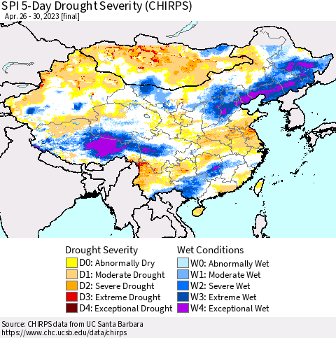 China, Mongolia and Taiwan SPI 5-Day Drought Severity (CHIRPS) Thematic Map For 4/26/2023 - 4/30/2023