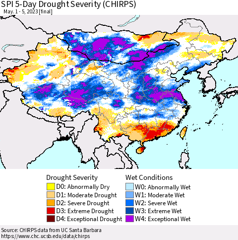 China, Mongolia and Taiwan SPI 5-Day Drought Severity (CHIRPS) Thematic Map For 5/1/2023 - 5/5/2023