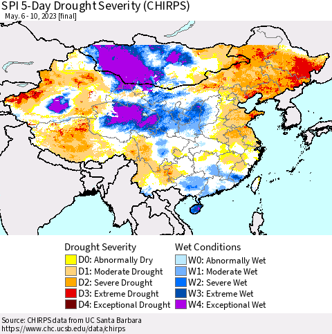 China, Mongolia and Taiwan SPI 5-Day Drought Severity (CHIRPS) Thematic Map For 5/6/2023 - 5/10/2023