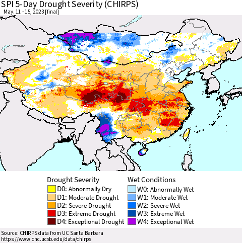 China, Mongolia and Taiwan SPI 5-Day Drought Severity (CHIRPS) Thematic Map For 5/11/2023 - 5/15/2023