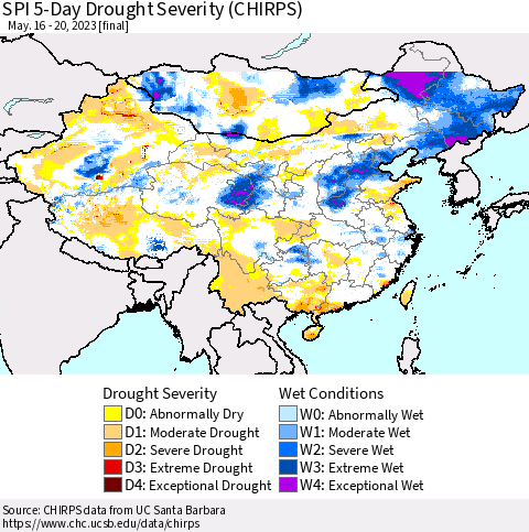 China, Mongolia and Taiwan SPI 5-Day Drought Severity (CHIRPS) Thematic Map For 5/16/2023 - 5/20/2023