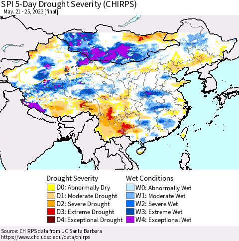 China, Mongolia and Taiwan SPI 5-Day Drought Severity (CHIRPS) Thematic Map For 5/21/2023 - 5/25/2023