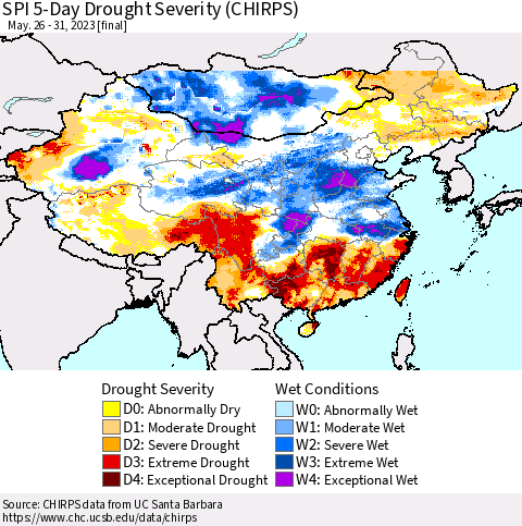 China, Mongolia and Taiwan SPI 5-Day Drought Severity (CHIRPS) Thematic Map For 5/26/2023 - 5/31/2023