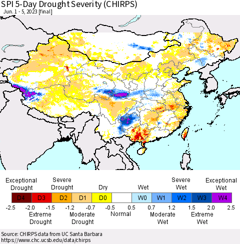China, Mongolia and Taiwan SPI 5-Day Drought Severity (CHIRPS) Thematic Map For 6/1/2023 - 6/5/2023