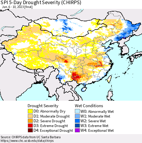 China, Mongolia and Taiwan SPI 5-Day Drought Severity (CHIRPS) Thematic Map For 6/6/2023 - 6/10/2023