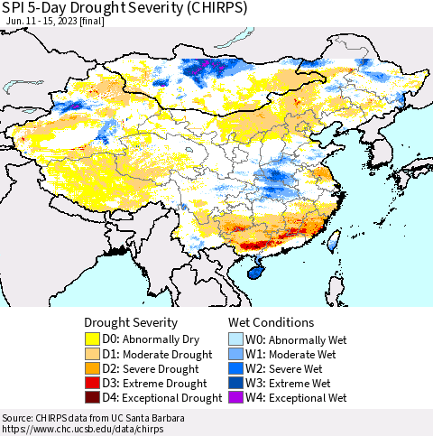 China, Mongolia and Taiwan SPI 5-Day Drought Severity (CHIRPS) Thematic Map For 6/11/2023 - 6/15/2023