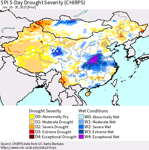 China, Mongolia and Taiwan SPI 5-Day Drought Severity (CHIRPS) Thematic Map For 6/16/2023 - 6/20/2023