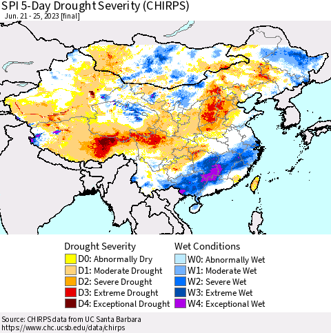 China, Mongolia and Taiwan SPI 5-Day Drought Severity (CHIRPS) Thematic Map For 6/21/2023 - 6/25/2023