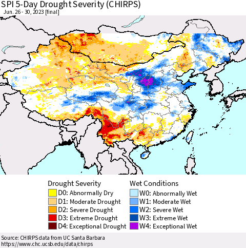 China, Mongolia and Taiwan SPI 5-Day Drought Severity (CHIRPS) Thematic Map For 6/26/2023 - 6/30/2023