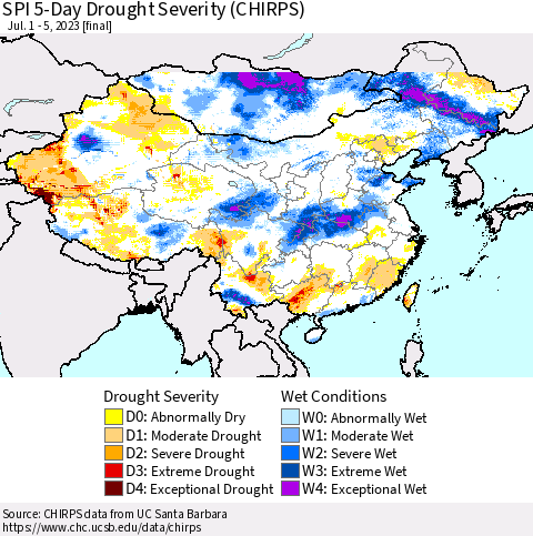 China, Mongolia and Taiwan SPI 5-Day Drought Severity (CHIRPS) Thematic Map For 7/1/2023 - 7/5/2023