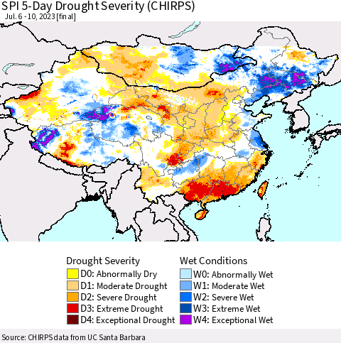 China, Mongolia and Taiwan SPI 5-Day Drought Severity (CHIRPS) Thematic Map For 7/6/2023 - 7/10/2023