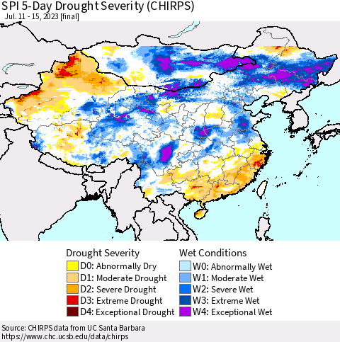 China, Mongolia and Taiwan SPI 5-Day Drought Severity (CHIRPS) Thematic Map For 7/11/2023 - 7/15/2023