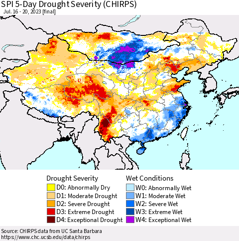 China, Mongolia and Taiwan SPI 5-Day Drought Severity (CHIRPS) Thematic Map For 7/16/2023 - 7/20/2023
