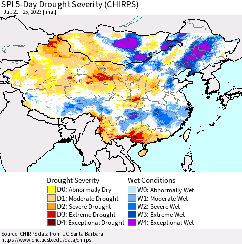 China, Mongolia and Taiwan SPI 5-Day Drought Severity (CHIRPS) Thematic Map For 7/21/2023 - 7/25/2023