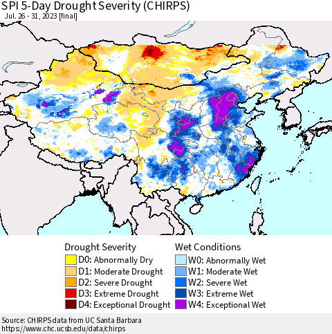 China, Mongolia and Taiwan SPI 5-Day Drought Severity (CHIRPS) Thematic Map For 7/26/2023 - 7/31/2023