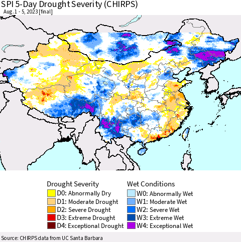 China, Mongolia and Taiwan SPI 5-Day Drought Severity (CHIRPS) Thematic Map For 8/1/2023 - 8/5/2023