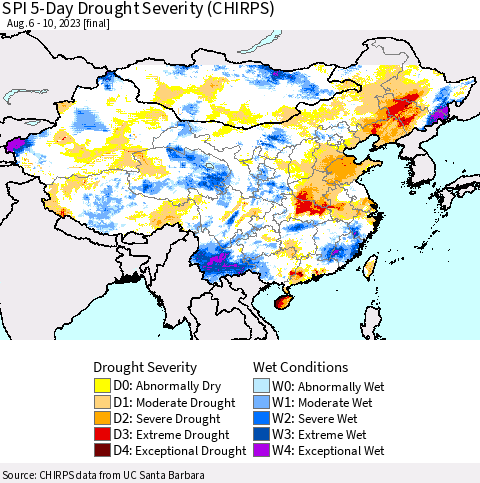 China, Mongolia and Taiwan SPI 5-Day Drought Severity (CHIRPS) Thematic Map For 8/6/2023 - 8/10/2023