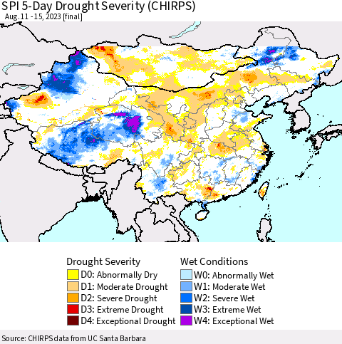 China, Mongolia and Taiwan SPI 5-Day Drought Severity (CHIRPS) Thematic Map For 8/11/2023 - 8/15/2023