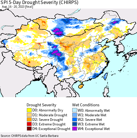 China, Mongolia and Taiwan SPI 5-Day Drought Severity (CHIRPS) Thematic Map For 8/16/2023 - 8/20/2023