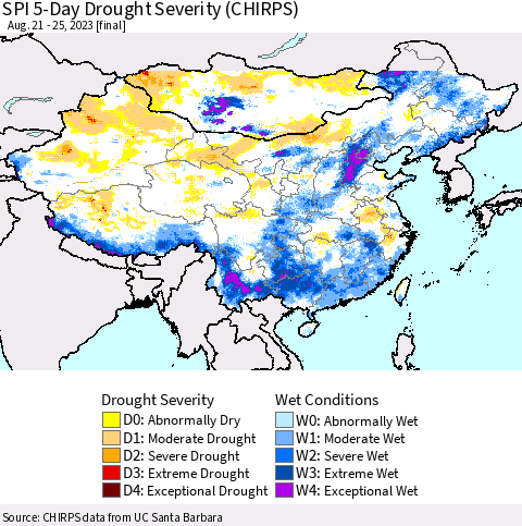 China, Mongolia and Taiwan SPI 5-Day Drought Severity (CHIRPS) Thematic Map For 8/21/2023 - 8/25/2023