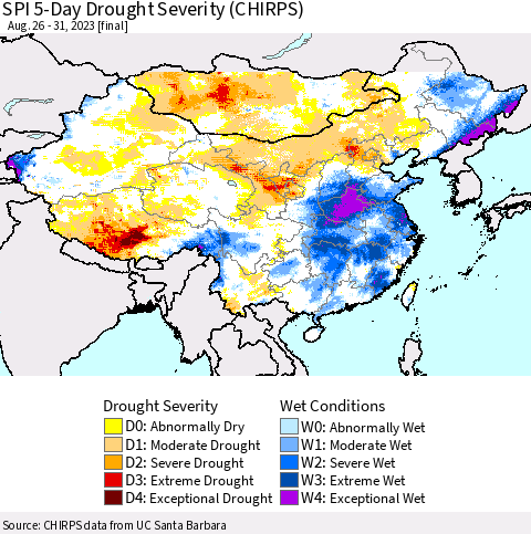 China, Mongolia and Taiwan SPI 5-Day Drought Severity (CHIRPS) Thematic Map For 8/26/2023 - 8/31/2023