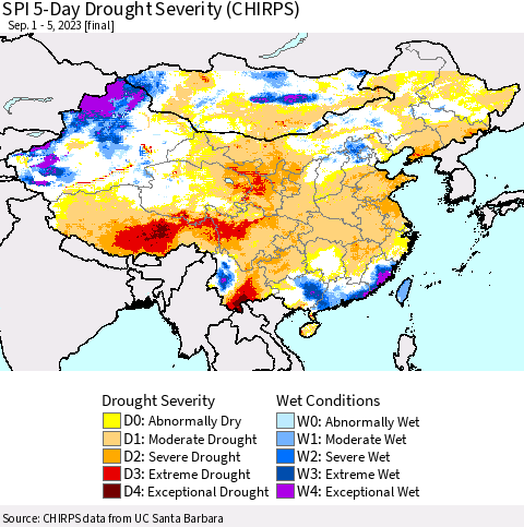 China, Mongolia and Taiwan SPI 5-Day Drought Severity (CHIRPS) Thematic Map For 9/1/2023 - 9/5/2023