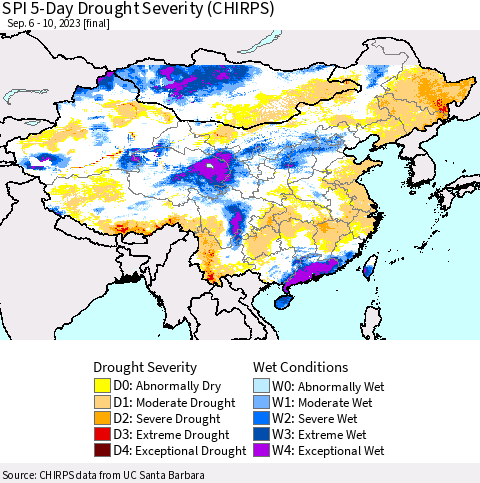 China, Mongolia and Taiwan SPI 5-Day Drought Severity (CHIRPS) Thematic Map For 9/6/2023 - 9/10/2023