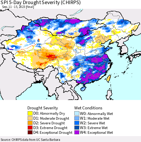 China, Mongolia and Taiwan SPI 5-Day Drought Severity (CHIRPS) Thematic Map For 9/11/2023 - 9/15/2023