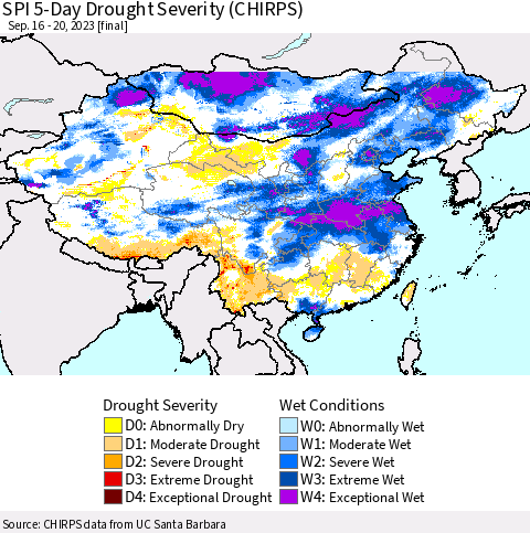 China, Mongolia and Taiwan SPI 5-Day Drought Severity (CHIRPS) Thematic Map For 9/16/2023 - 9/20/2023