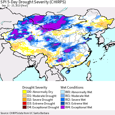 China, Mongolia and Taiwan SPI 5-Day Drought Severity (CHIRPS) Thematic Map For 9/21/2023 - 9/25/2023