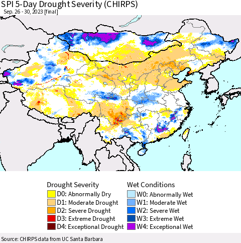 China, Mongolia and Taiwan SPI 5-Day Drought Severity (CHIRPS) Thematic Map For 9/26/2023 - 9/30/2023